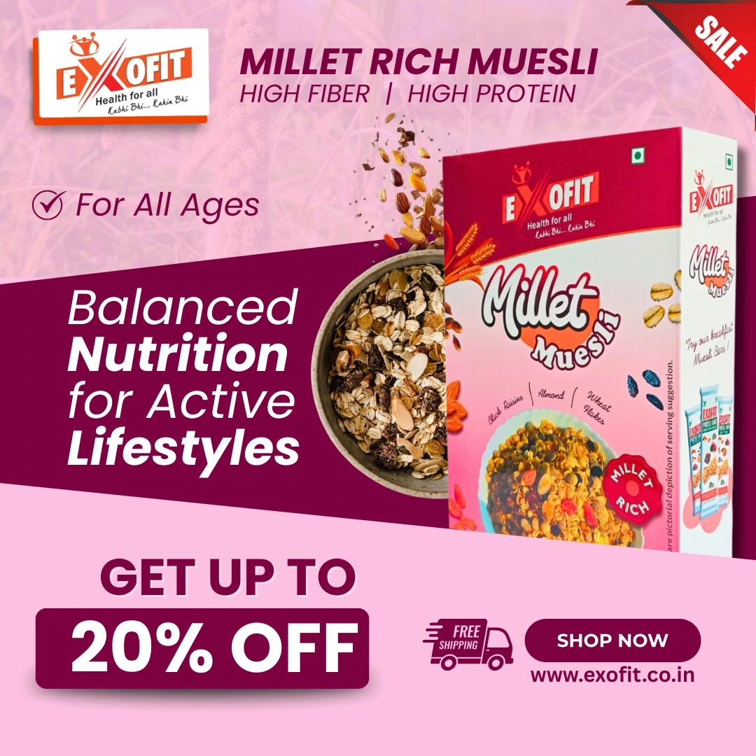 Exofit Millet Muesli with Black Raisins, Almonds and Wheat Flakes I 8.31% Protein, High Fiber I 450g